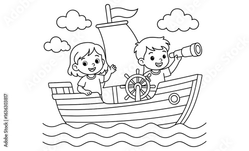 Children sailing adventure in a coloring page