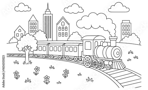 Charming train journey through a whimsical cityscape for coloring fun