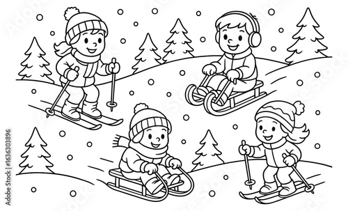 Kids enjoying winter activities in the snowy outdoors for coloring pages
