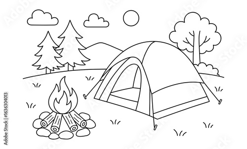 Camping line art with tent and campfire in scenic forest landscape
