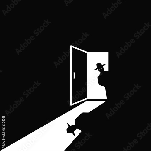Spy peeping behind the door, vector illustration.