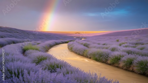 Golden river winding through endless lavender fields under rainbow sky