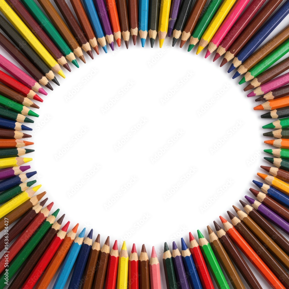 Fototapeta premium Colored pencils arranged in a circle around a white space