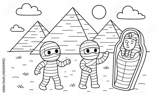 Cartoon mummies exploring egyptian pyramids with sarcophagus in black and white