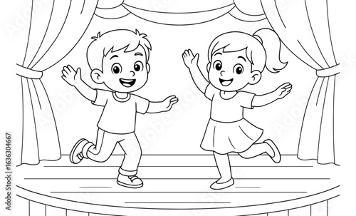 Children dancing happily on stage in cartoon style coloring page