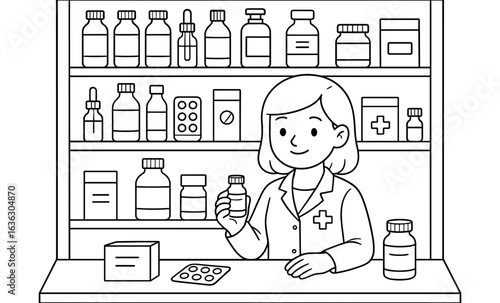Pharmacist in pharmacy with medicine shelves in outline style