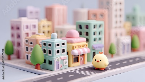 Fototapeta Naklejka Na Ścianę i Meble -  Pastel-colored miniature city with a small yellow chick crossing the road