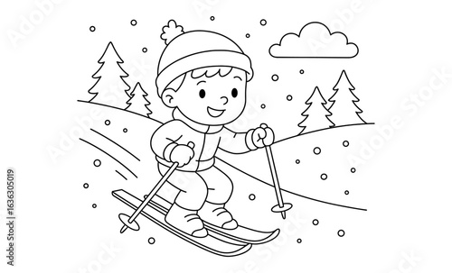 Child enjoying winter skiing adventure in snowy landscape coloring page