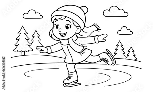 Smiling child ice skating in winter wonderland coloring page