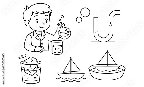 Child scientist exploring chemistry experiments line art