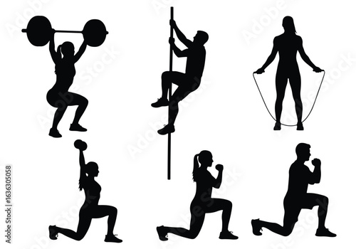 Silhouette of a man climbing a vertical pole and a woman exercising with dumbbells, isolated on white background sports silhouette