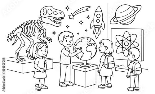 Children exploring science exhibit: dinosaurs, space, and earth education