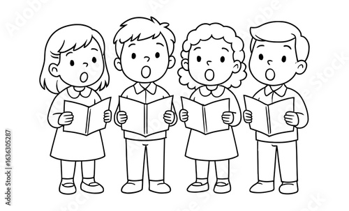 Children singing in choir: black and white line art of young singers with music books