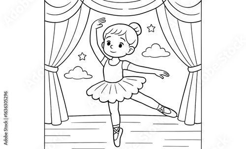 Adorable ballerina girl dancing on stage in cute coloring page
