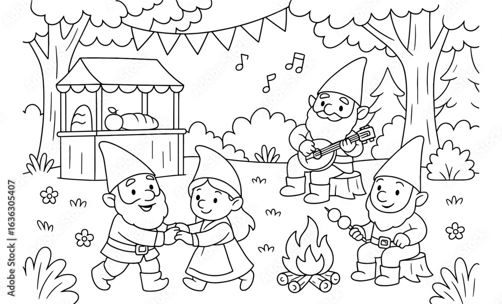 Fototapeta premium Whimsical forest gathering with joyful gnomes celebrating in nature