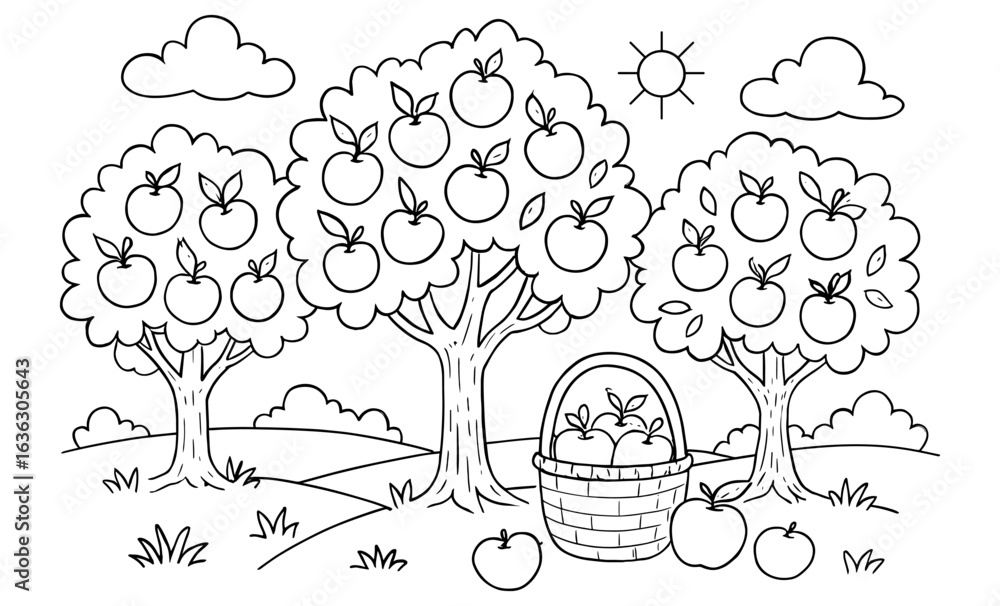 Fototapeta premium Orchard scene with apple trees and basket in black and white line art