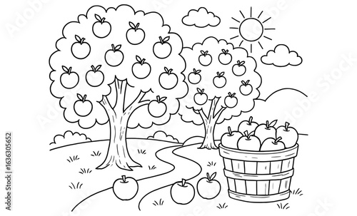 Apple orchard coloring page with trees and basket under the sun