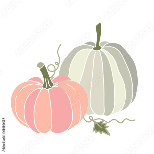 Flat style illustration of two pastel pumpkins in soft pink and sage green tones. Perfect for fall themed decor, invitations, seasonal packaging, and greeting cards
