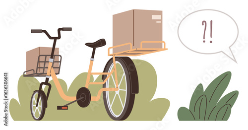 Orange cargo bike loaded with boxes, parked near bushes and speech bubble with question and exclamation marks. Ideal for delivery, logistics, eco-transport, urban mobility, courier service
