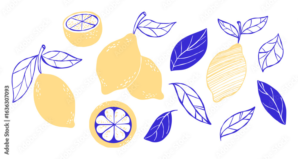 Obraz premium lemon with blue leaves set. la dolce vita. Mediterranean Vintage aesthetics. Summer isolated minimal Citrus tropical whimsical fruits Hand sketch drawing on white. Vector illustration. Not AI