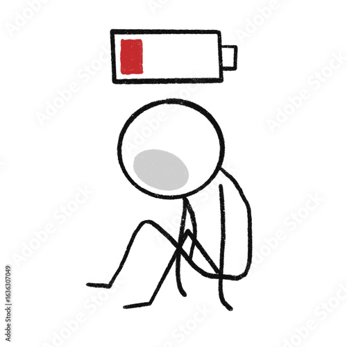 Minimalist stick figure illustration of a tired, slumped person with a nearly empty battery icon overhead, symbolizing exhaustion, burnout, and low energy in modern daily life.