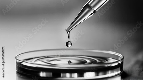 Liquid Droplet Falling from Pipette into Petri Dish in a Scientific Laboratory Setting