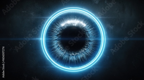 A futuristic mechanical eye with neon blue light shining on a minimalist dark background, showcasing sci-fi aesthetics and advanced technology concepts.
