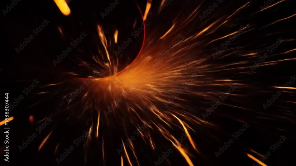 Close-up of Bright Industrial Sparks Bursting from Metal Grinding Against Dark Background Close-up of Bright Industrial Sparks Bursting from Metal Grinding Against Dark Background
