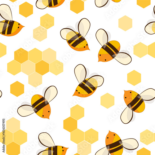 Cute cartoon honey bees on honeycombs seamless pattern. Vector background illustration