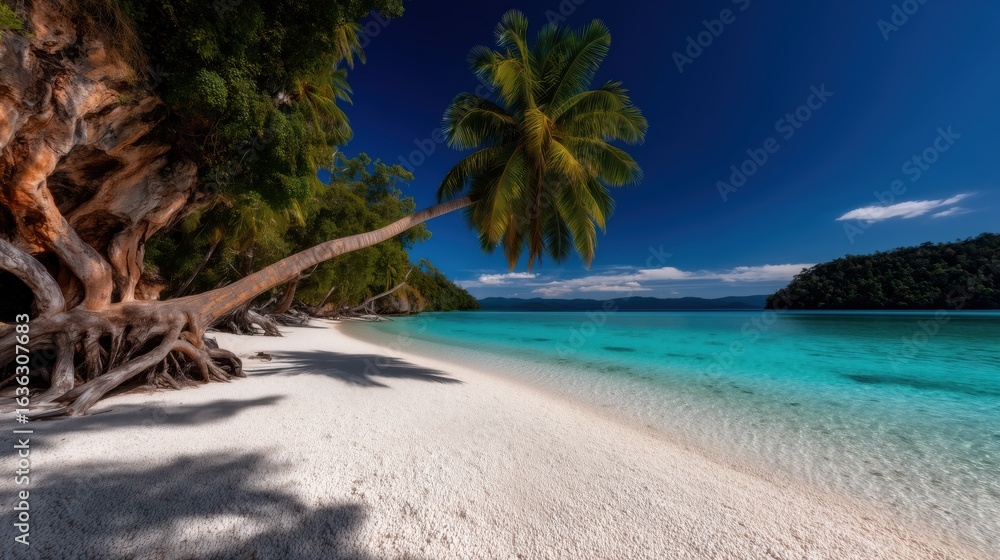 Fototapeta premium Serene tropical beach with white sand, turquoise water, and a leaning palm tree