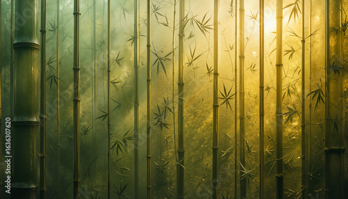 Bamboo-textured glass with natural organic pattern, warm golden light, green tinted shadows, eco-style composition