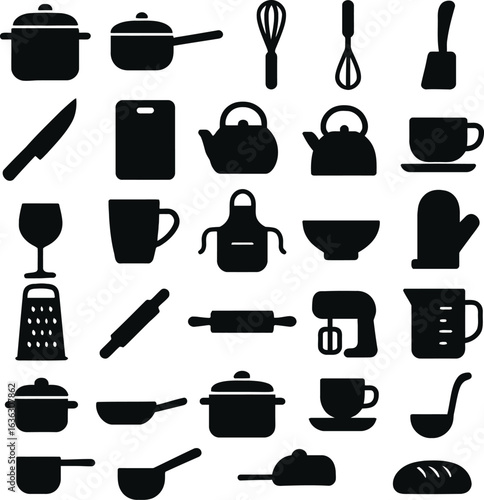 Kitchen utensil and appliance silhouette vector illustrations — black cooking tools and accessories for culinary design and food prep themes