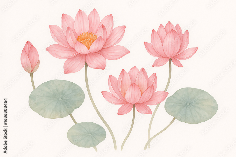 Obraz premium Watercolor illustration of blooming pink lotus flowers with green leaves on white background 