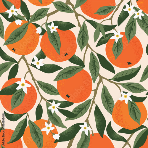 Tropical seamless pattern with oranges. Fruit repeated background. Vector bright hand drawn print for fabric or wallpaper.