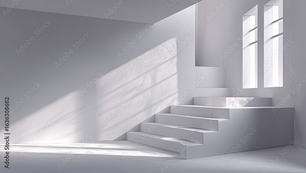 Fototapeta premium White interior with angled steps and sunlight