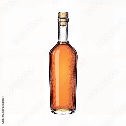 Hand-drawn cognac bottle on plain white background, expressive design