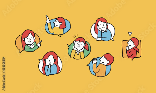 吹き出し　指差しなどのポーズする様々な世代の女性たちのイラストアイコン