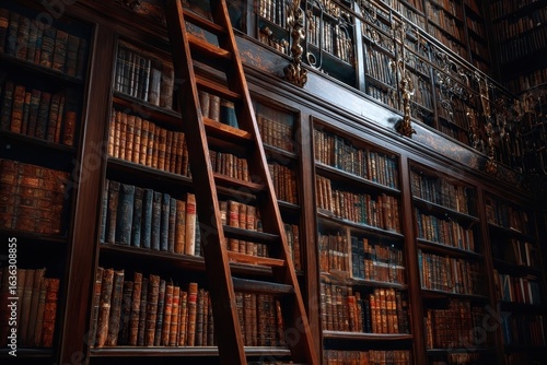 Wallpaper Mural Wooden ladder in grand library; ornate bookshelves, research Torontodigital.ca