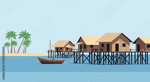 Peaceful Waterside Homes on Stilts with Palm Trees