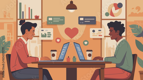 Two people working on laptops in cozy café-style workspace with coffee, charts, and heart symbol, representing collaboration and productivity