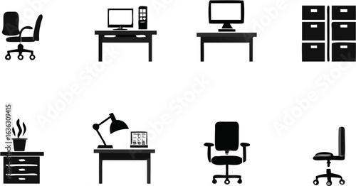 Illustration of office furniture including desks chairs filing cabinets and desk accessories in black silhouette | editable eps vectors