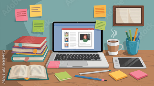 Organized study workspace with laptop, books, tablet, coffee, and stationery, symbolizing productivity, learning, and digital education