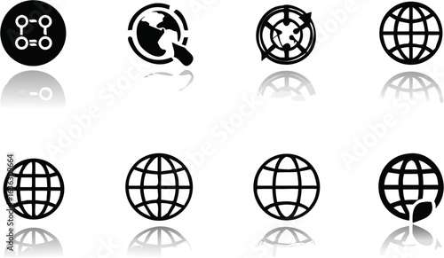 Illustration showing various global network icons and circular diagrams with reflections below them | editable eps vectors silhouette
