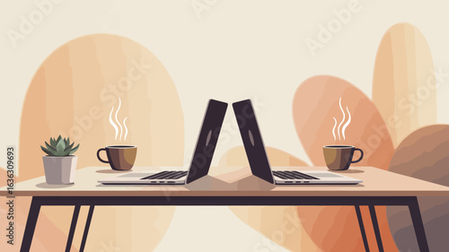 Symmetrical workspace with two laptops, coffee cups, and succulent on wooden table, symbolizing collaboration, balance, and remote work