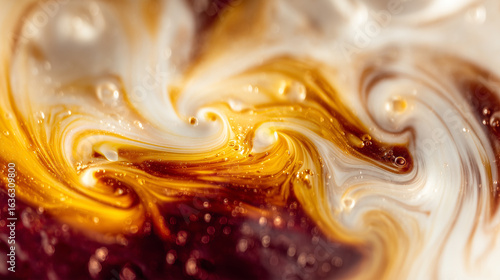 Close-up abstract background of a dirty soda mixture, with milk swirling into dark soda creating golden, creamy and fizzy patterns. Ideal for beverage concepts, creative ads or lifestyle content
