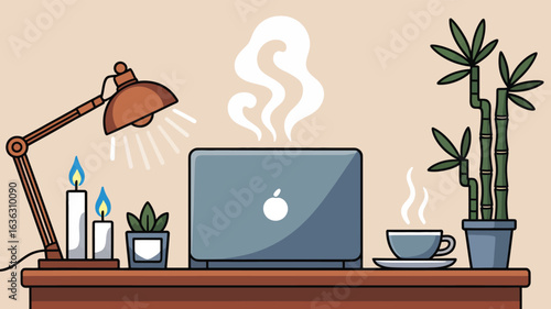 Minimalist desk setup with candles, plants, and steaming cup beside closed laptop, symbolizing calm workspace, mindfulness, and cozy routine