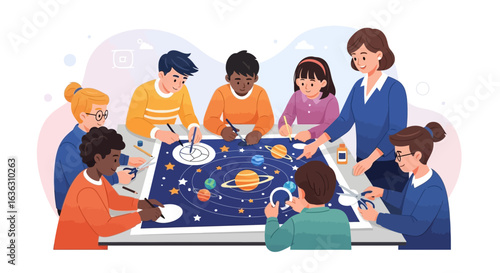 Young students and a dedicated teacher collaboratively creating a solar system model for a fun, hands-on science lesson in class.