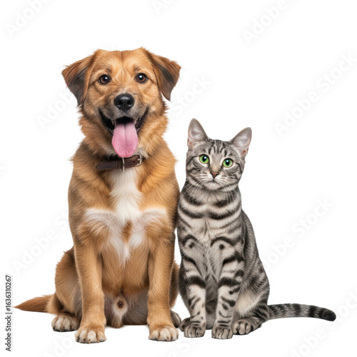Happy shaggy mixed-breed dog with light brown fur, pink tongue out, brown collar, sitting calmly beside sleek grey and black mackerel tabby cat with emerald green eyes, on transparent studio