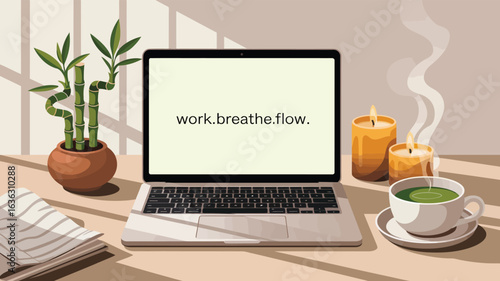 Peaceful workspace with laptop displaying “work.breathe.flow,” green tea, candles, bamboo plant, and planner, symbolizing mindful productivity