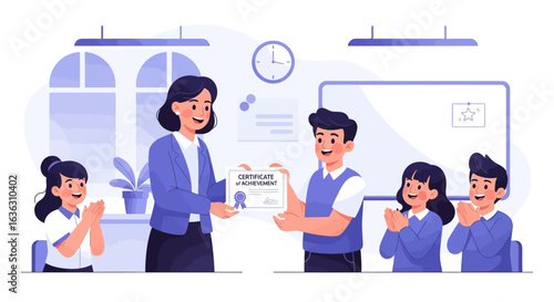 Teacher presenting a certificate of achievement to a happy student in a classroom, with classmates applauding his success